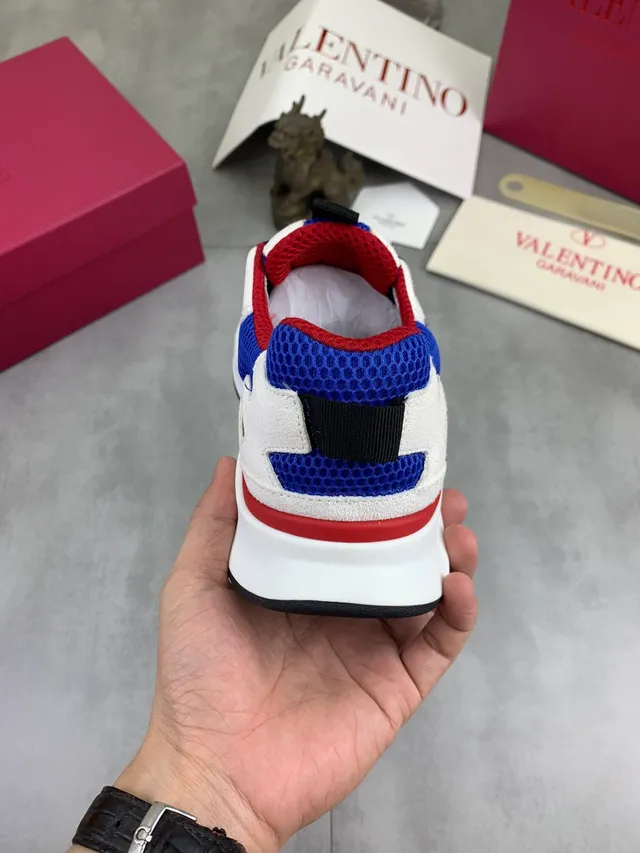 Valentino White Blue Layered Mesh And Suede Gold-Tone VLogo Hardware Chunky Sneakers 3