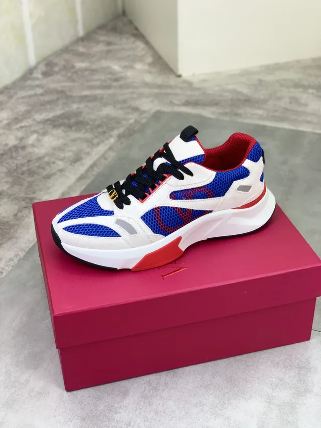 Valentino White Blue Layered Mesh And Suede Gold-Tone VLogo Hardware Chunky Sneakers 4