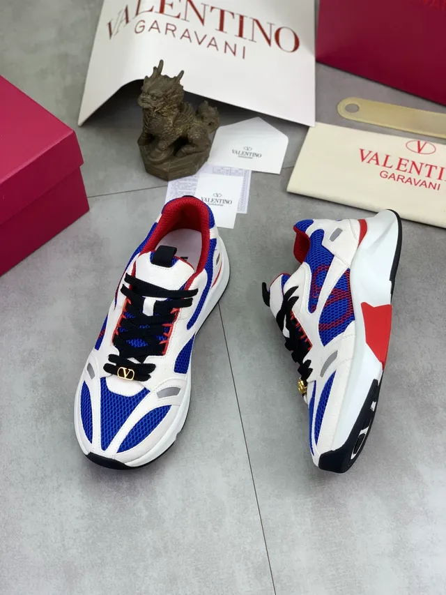 Valentino White Blue Layered Mesh And Suede Gold-Tone VLogo Hardware Chunky Sneakers 5