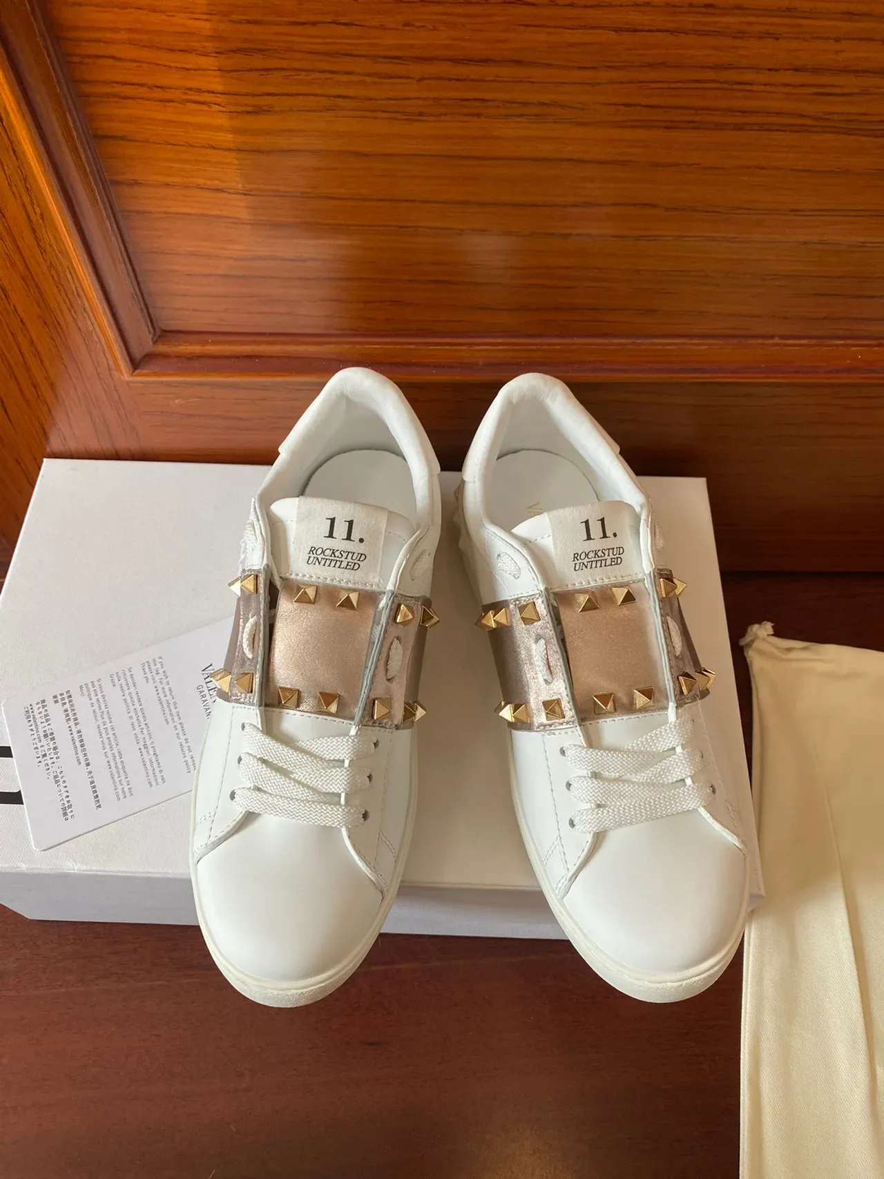 Valentino White Gold Leather Pyramid Studs Lifestyle Sneakers 2