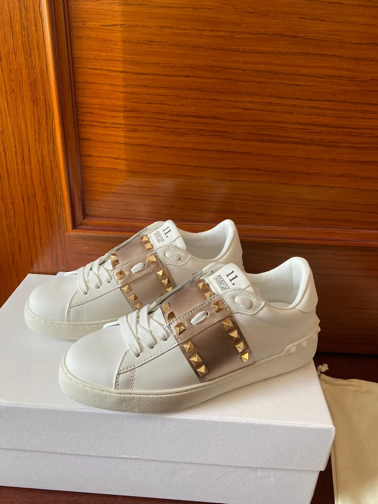 Valentino White Gold Leather Pyramid Studs Lifestyle Sneakers 3