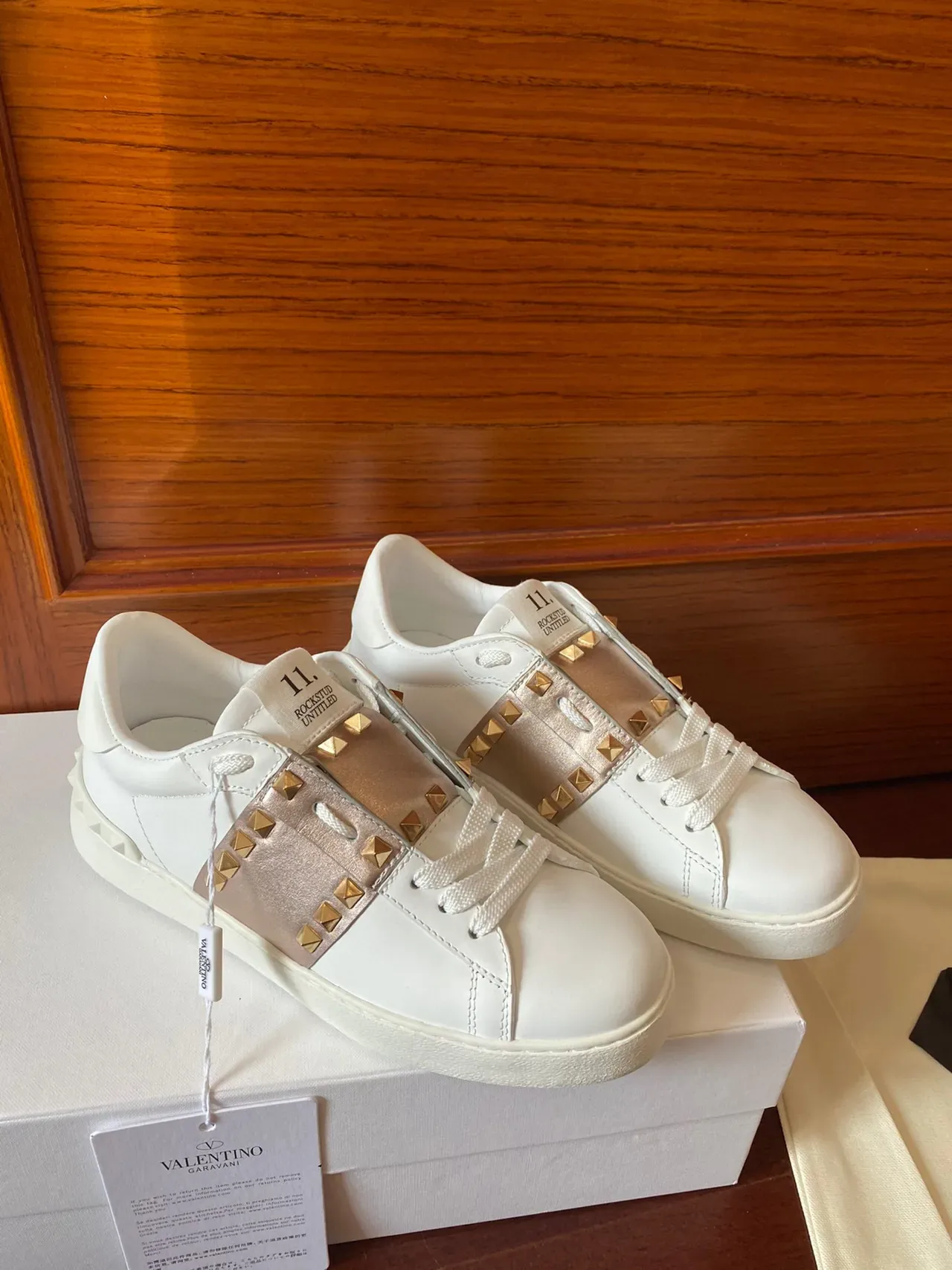Valentino White Gold Leather Pyramid Studs Lifestyle Sneakers 4