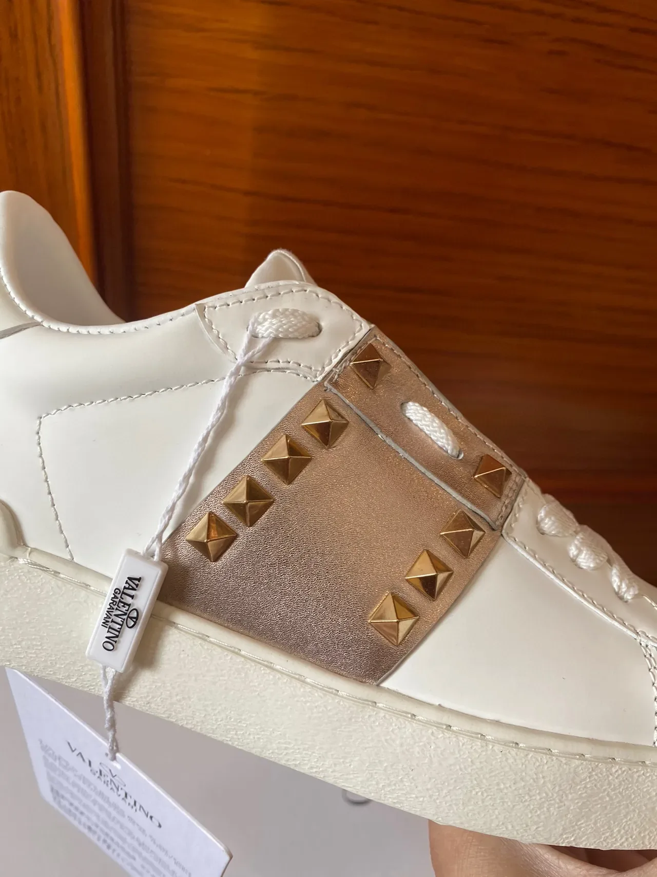 Valentino White Gold Leather Pyramid Studs Lifestyle Sneakers 5