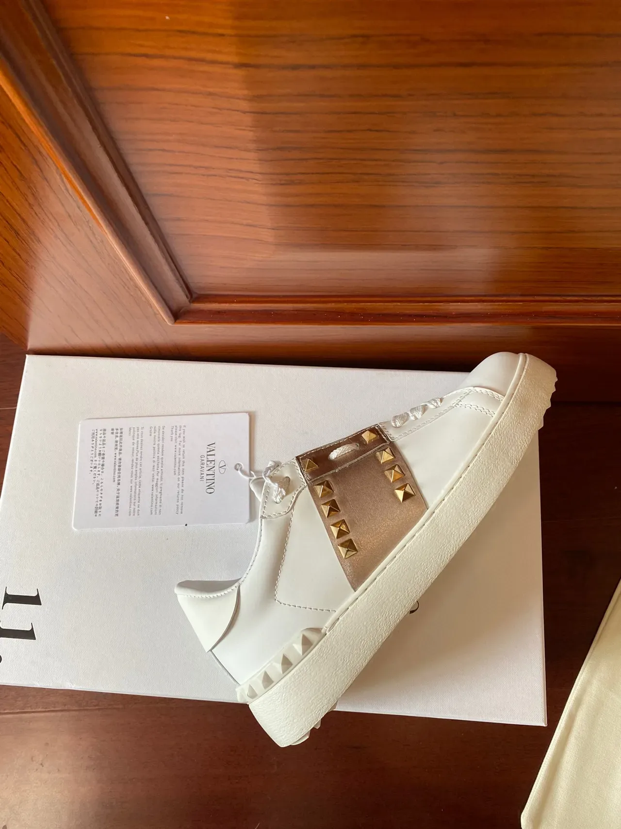 Valentino White Gold Leather Pyramid Studs Lifestyle Sneakers 6