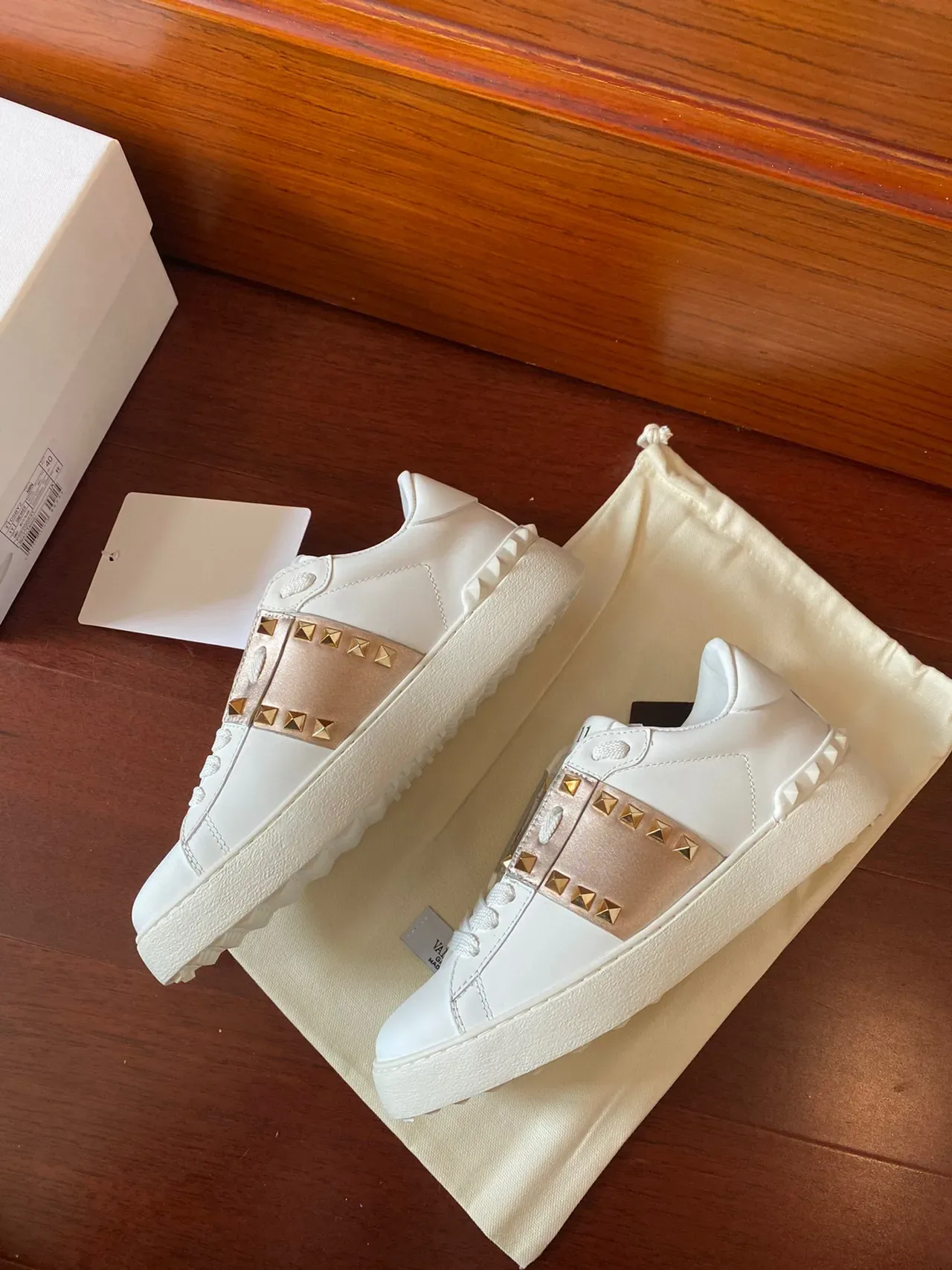 Valentino White Gold Leather Pyramid Studs Lifestyle Sneakers 7