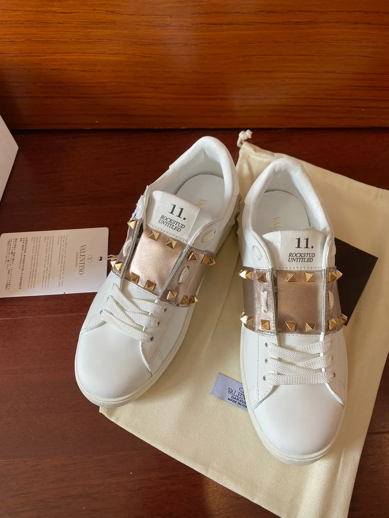 Valentino White Gold Leather Pyramid Studs Lifestyle Sneakers 9