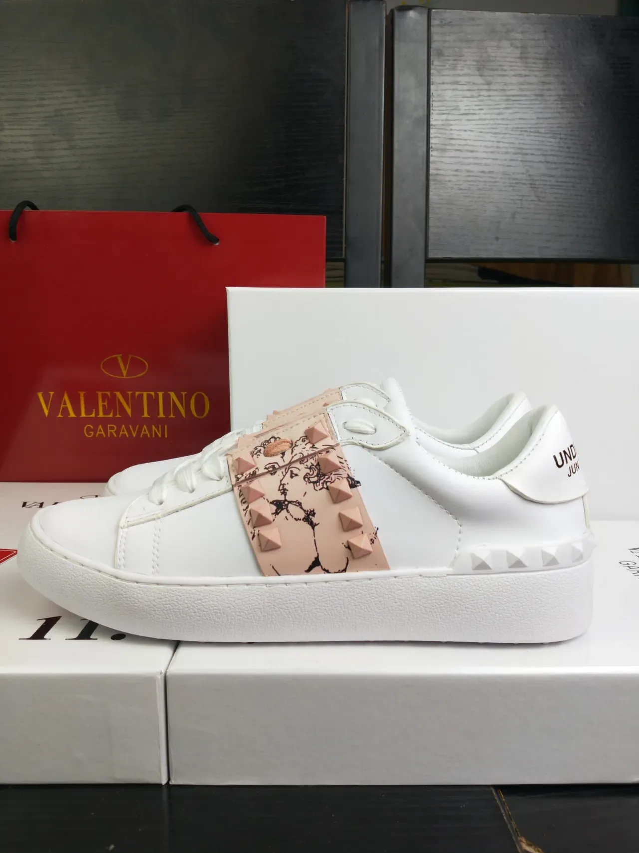 Valentino White Pink Leather Blush Studded Strap Lifestyle Sneakers 3