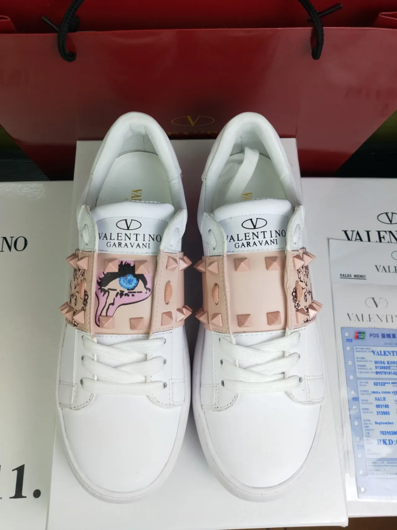 Valentino White Pink Leather Blush Studded Strap Lifestyle Sneakers 4