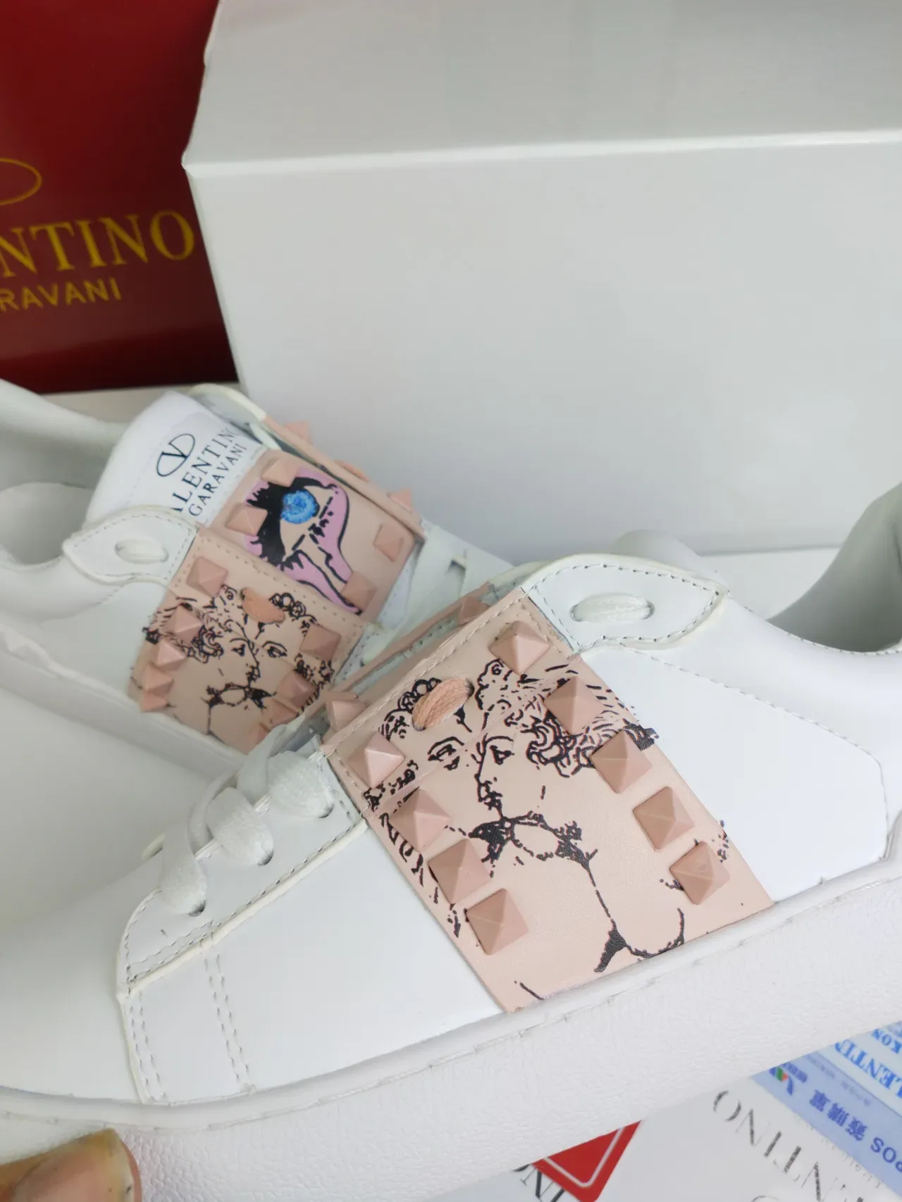 Valentino White Pink Leather Blush Studded Strap Lifestyle Sneakers 5