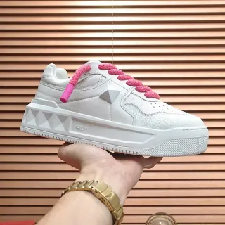 Valentino Branco Rosa Couro Texturizado Parte Superior Cordões Estilo Corda Tênis Lifestyle