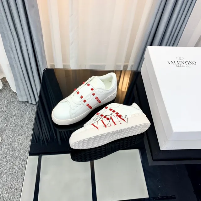 Valentino White Red Leather Upper Pyramid Studs Lifestyle Sneakers 2