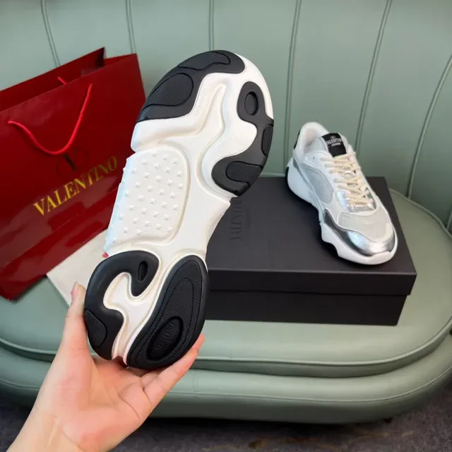 Valentino White Silver Sole Mesh And Metallic Overlays Chunky Sneakers 2