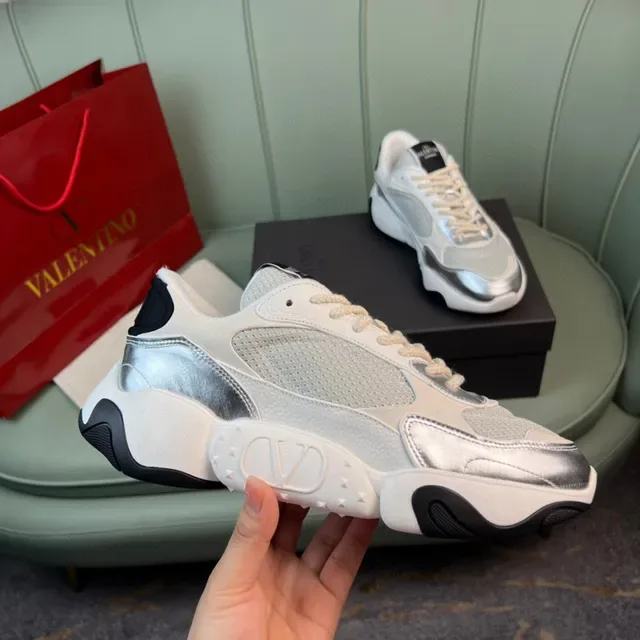 Valentino White Silver Sole Mesh And Metallic Overlays Chunky Sneakers 4