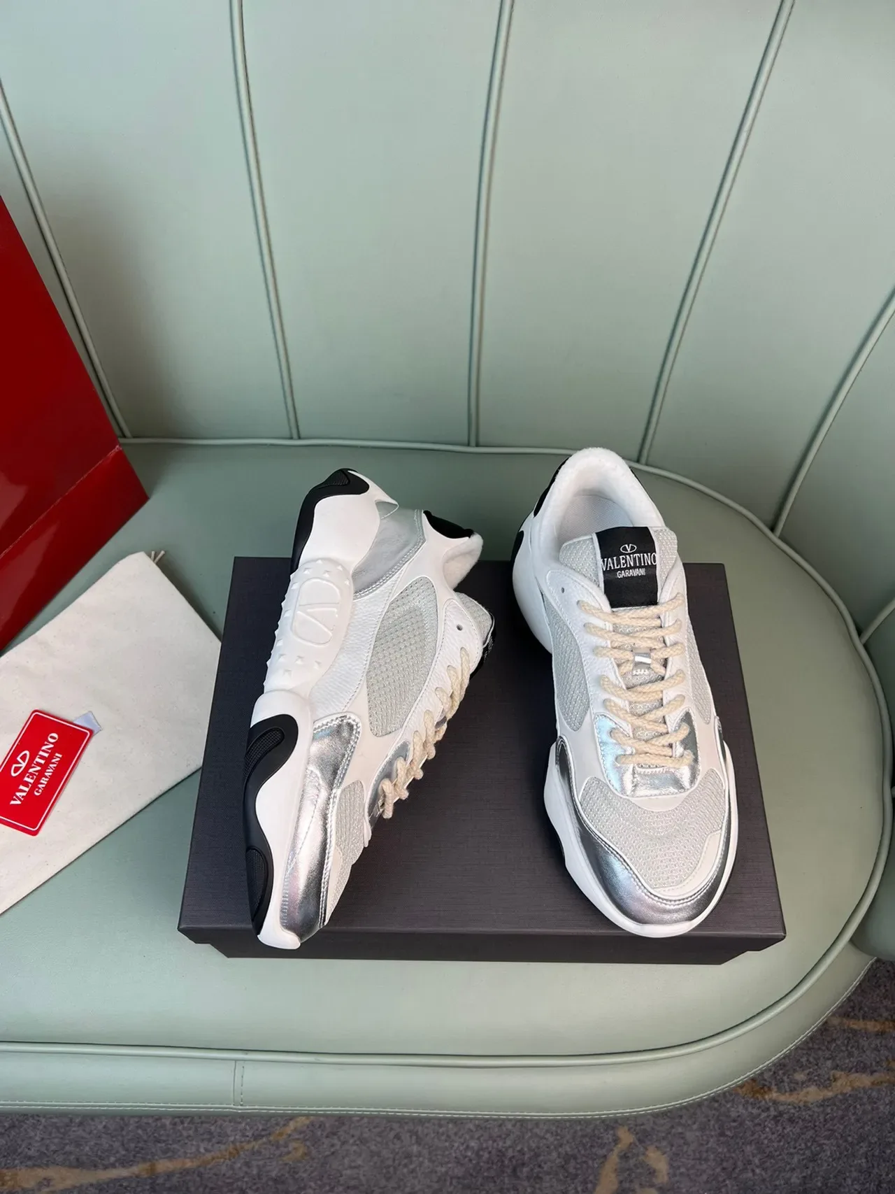 Valentino White Silver Sole Mesh And Metallic Overlays Chunky Sneakers 5