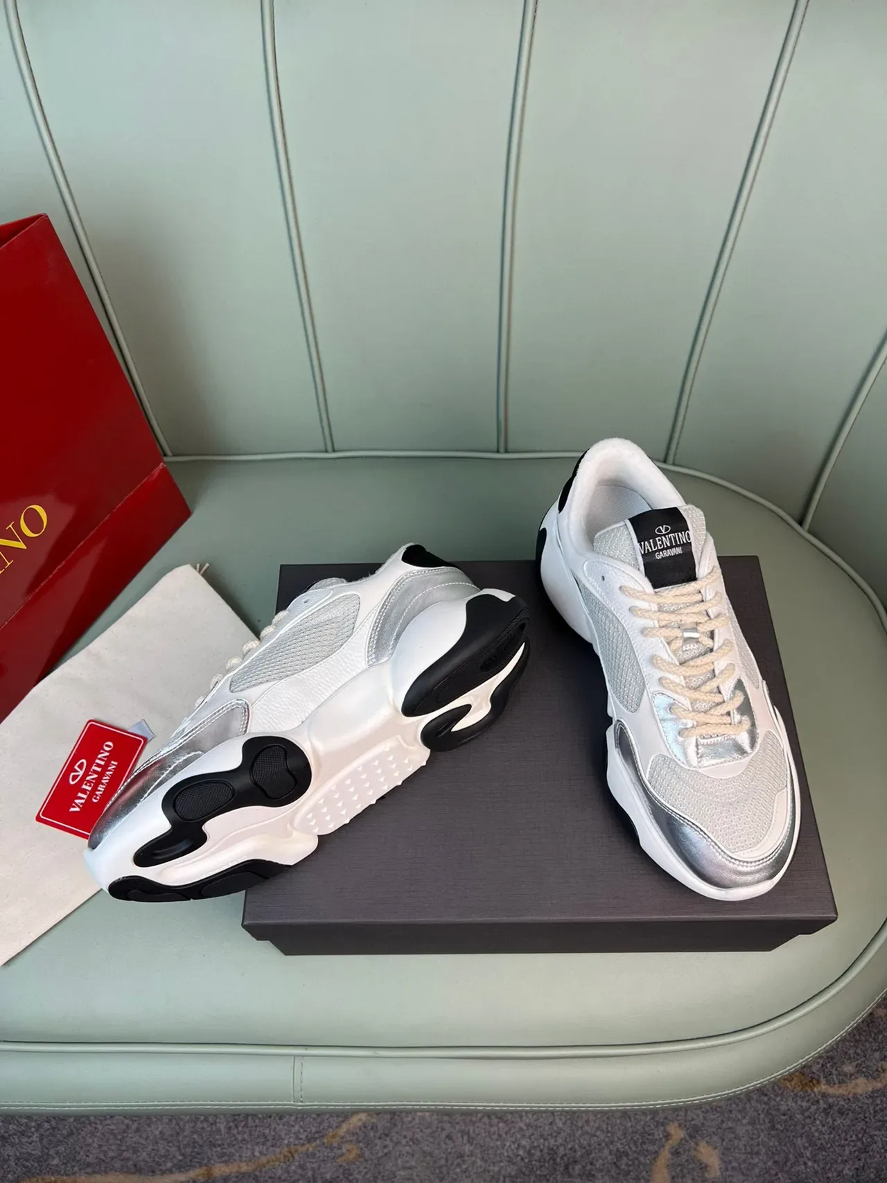 Valentino White Silver Sole Mesh And Metallic Overlays Chunky Sneakers 7