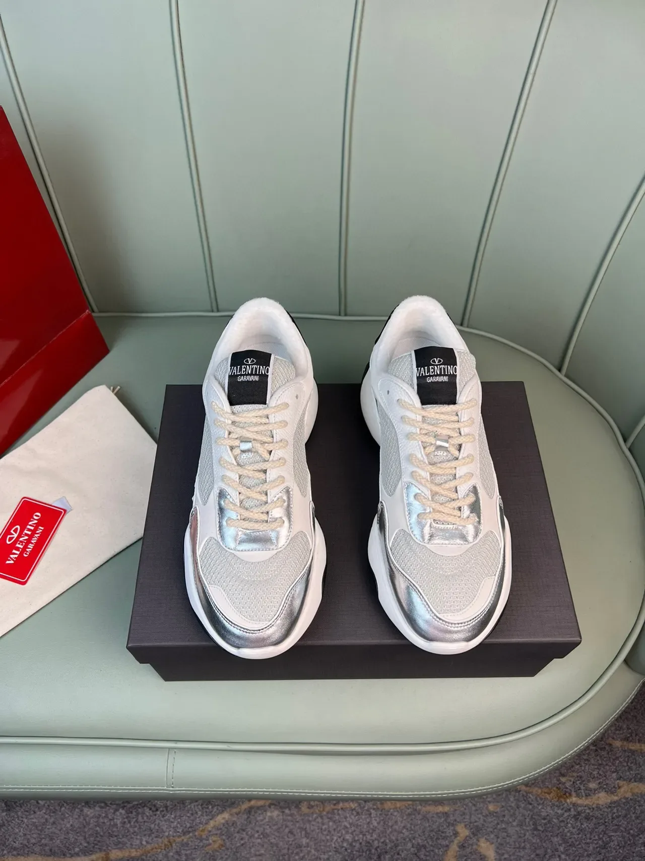 Valentino White Silver Sole Mesh And Metallic Overlays Chunky Sneakers 8