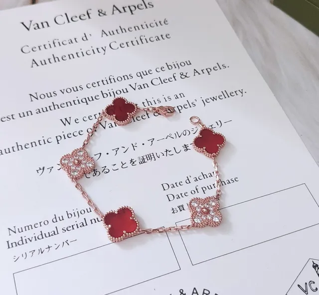 Van Cleef & Arpels Alhambra Five Motif Rose Gold Red Enamel and Pavé Crystal Bracelet 4