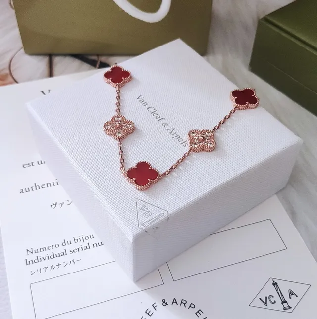 Van Cleef & Arpels Alhambra Five Motif Rose Gold Red Enamel and Pavé Crystal Bracelet 5