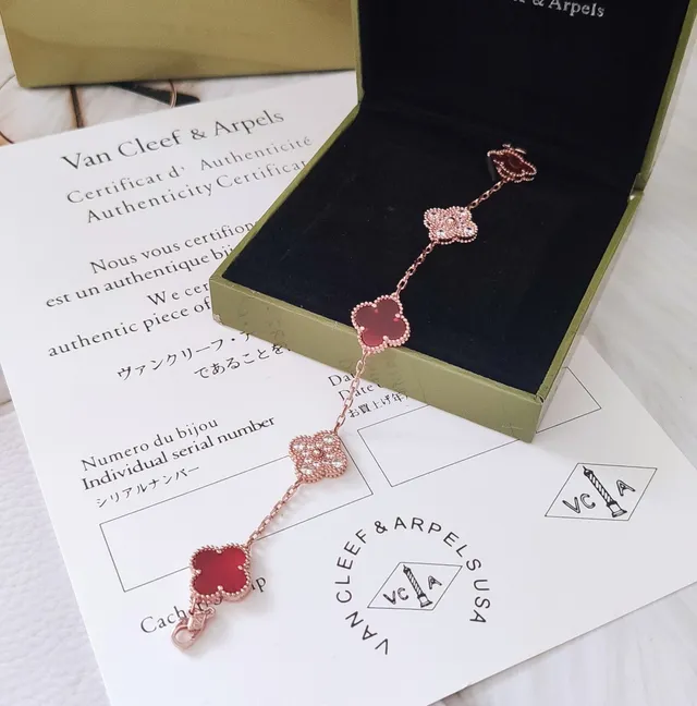 Van Cleef & Arpels Alhambra Five Motif Rose Gold Red Enamel and Pavé Crystal Bracelet 6