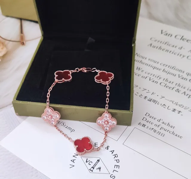 Van Cleef & Arpels Alhambra Five Motif Rose Gold Red Enamel and Pavé Crystal Bracelet 7