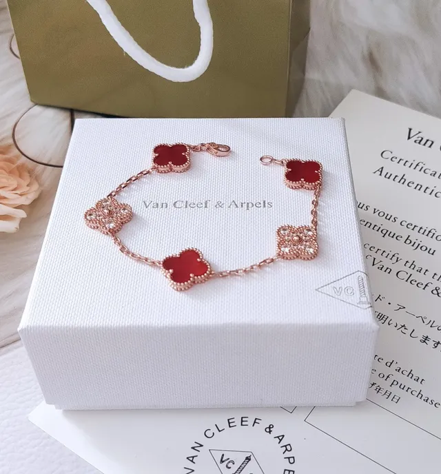 Van Cleef & Arpels Alhambra Five Motif Rose Gold Red Enamel and Pavé Crystal Bracelet 8
