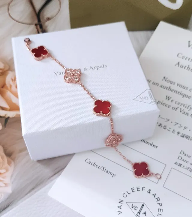 Van Cleef & Arpels Alhambra Five Motif Rose Gold Red Enamel and Pavé Crystal Bracelet 9