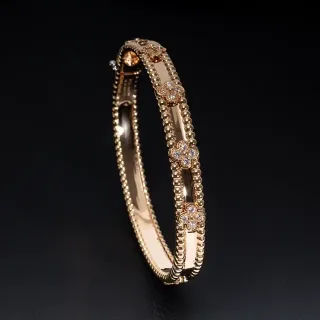 Van Cleef & Arpels Alhambra Rose Gold Diamond Quatrefoil Beaded Bangle Bracelet