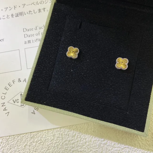 Van Cleef & Arpels Alhambra Yellow Gold and Diamond Stud Earrings 4