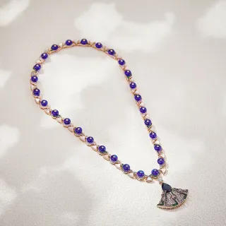Van Cleef & Arpels Fan Pendant Blue Gold Cabochon Sapphire Beads Necklace