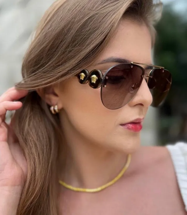 Versace Chain Reaction Black Gold Aviator Silhouette Grid-Patterned Lenses Sunglasses 7