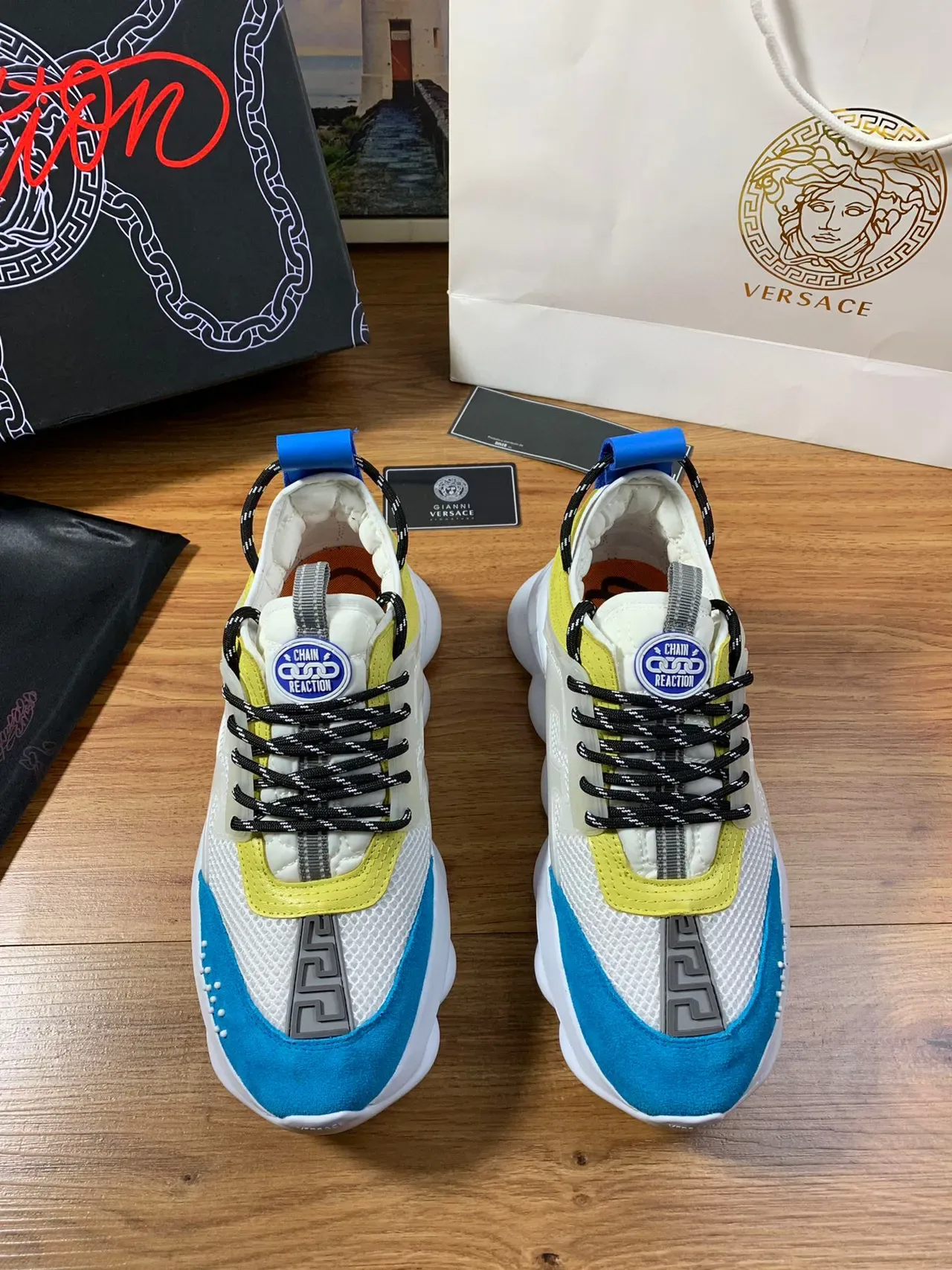 Versace Chain Reaction White Yellow Blue Chunky Sneakers 8