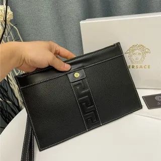 Versace Greca Embossed Black Leather Envelope Clutch
