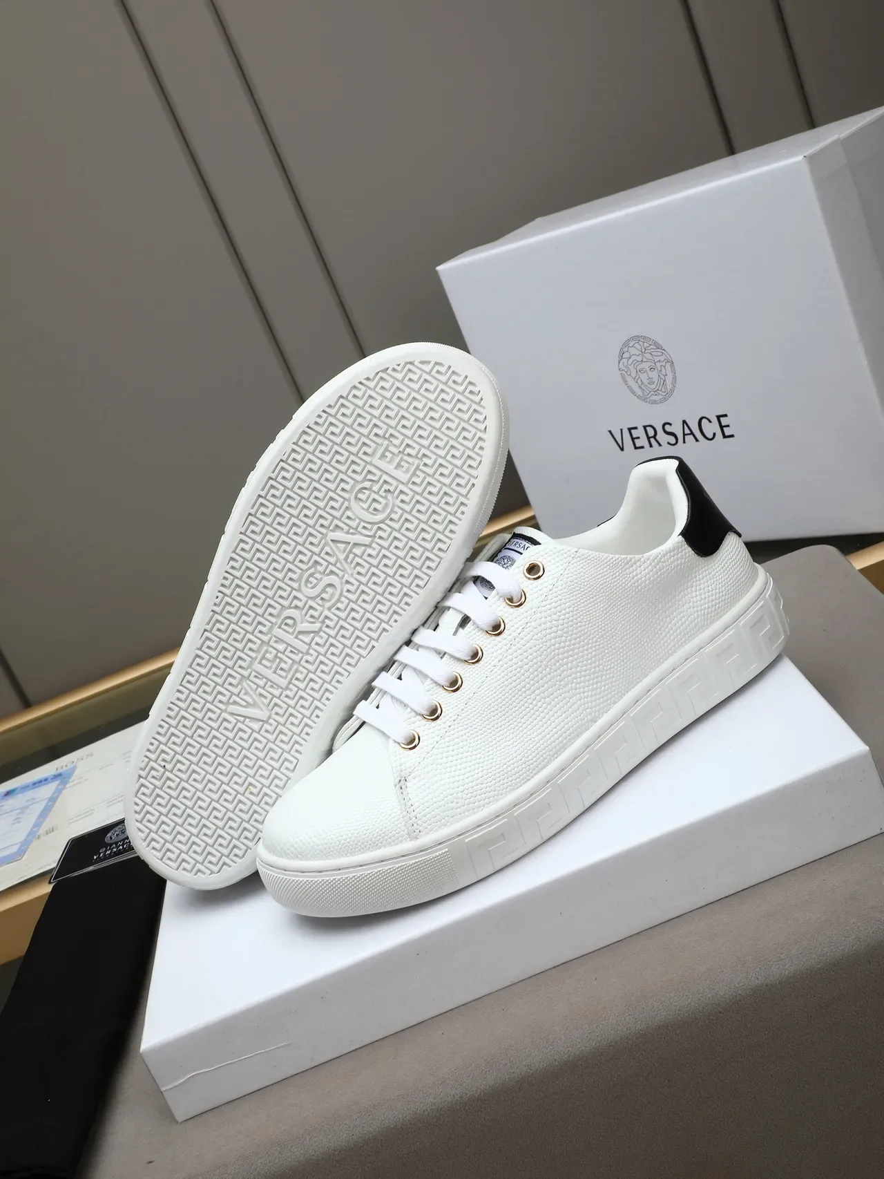 Versace Greca Odissea White Textured Leather Greek Key Lifestyle Sneakers 4