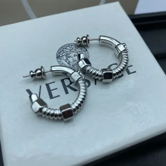 Versace Silver Gold Coiled Spring Band Geometric Cube Accents Earrings 2