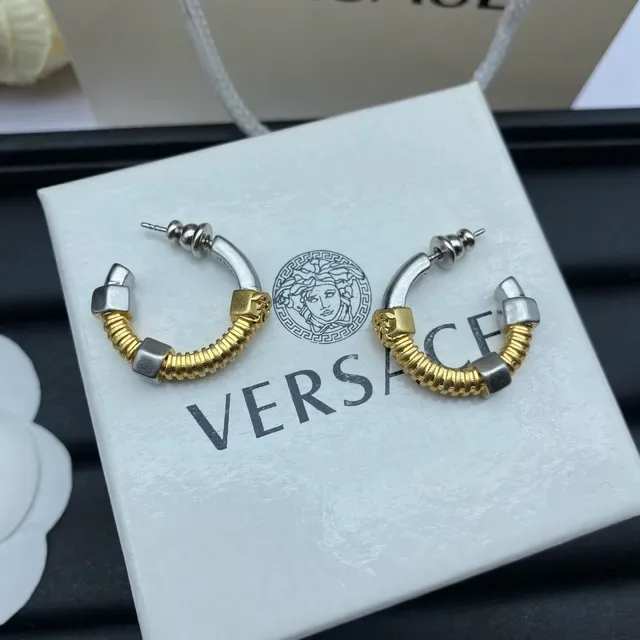 Versace Silver Gold Coiled Spring Band Geometric Cube Accents Earrings 3