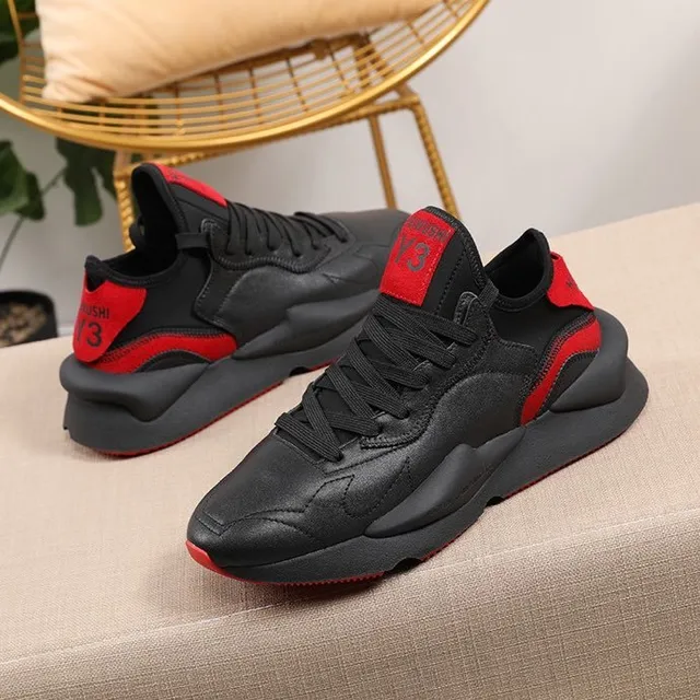 Y-3 Noir Rouge Semelle Sculptée Couche Cuir-Synthétique Supérieure Baskets Chunky 3
