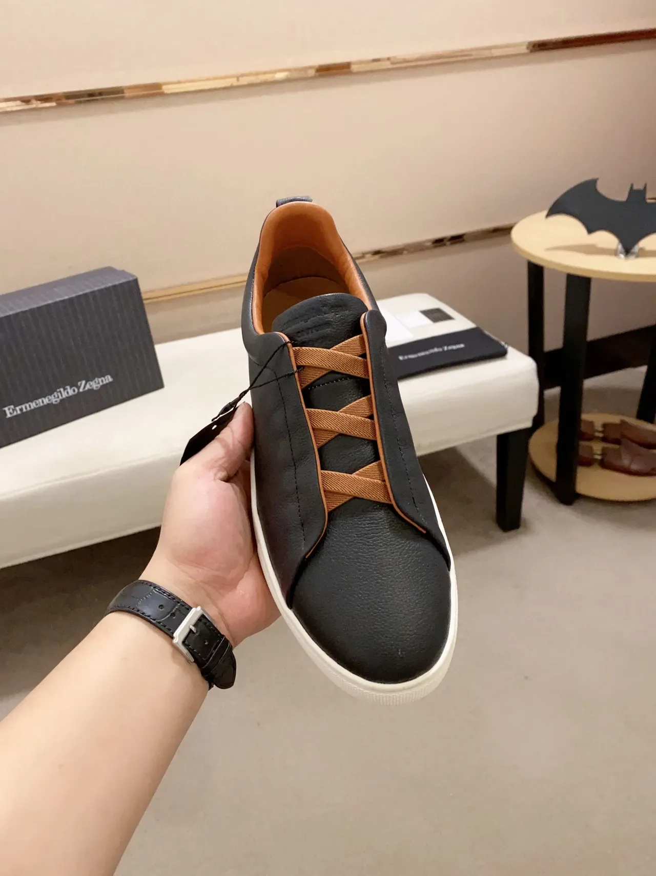 Zegna काले और भूरे चमड़े की बिना लेस वाली लाइफस्टाइल स्नीकर 9