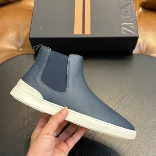 Zegna Blue White Textured Leather Upper Navy Elastic Side Gusset Chelsea Boots — Boots supplier photo