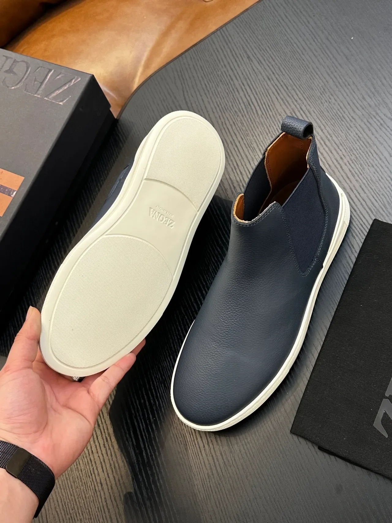 Zegna Blue White Textured Leather Upper Navy Elastic Side Gusset Chelsea Boots 2