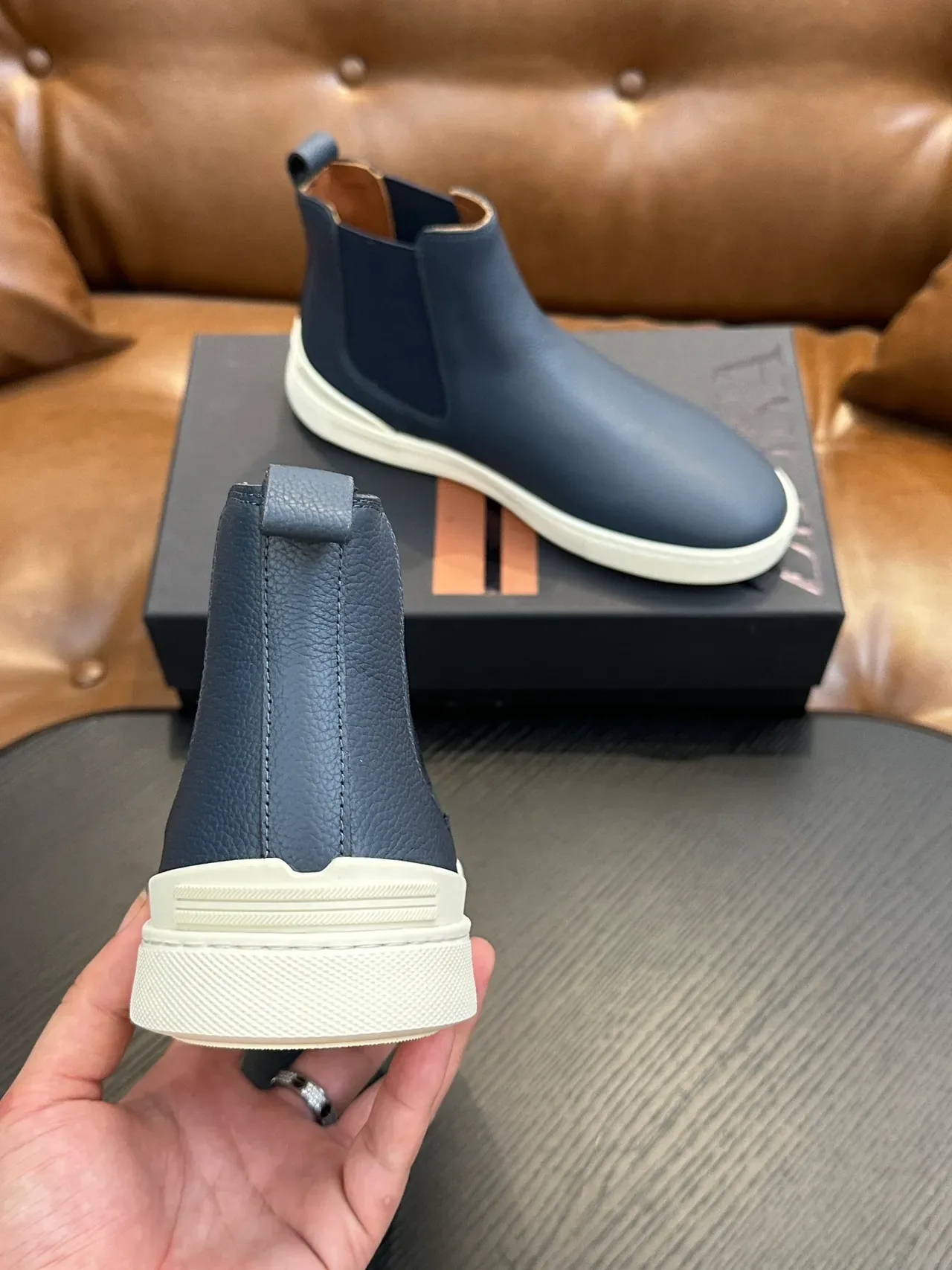 Zegna Blue White Textured Leather Upper Navy Elastic Side Gusset Chelsea Boots 3