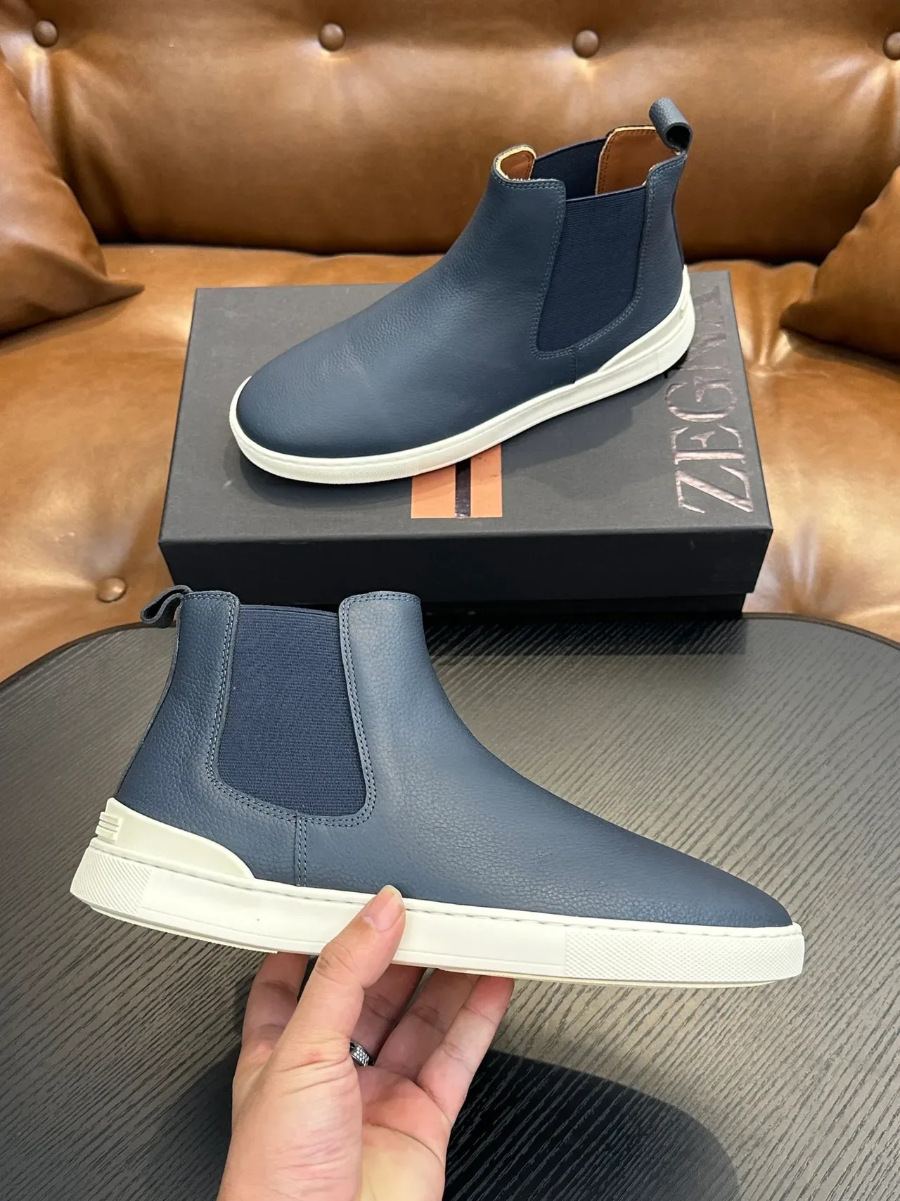 Zegna Blue White Textured Leather Upper Navy Elastic Side Gusset Chelsea Boots 4