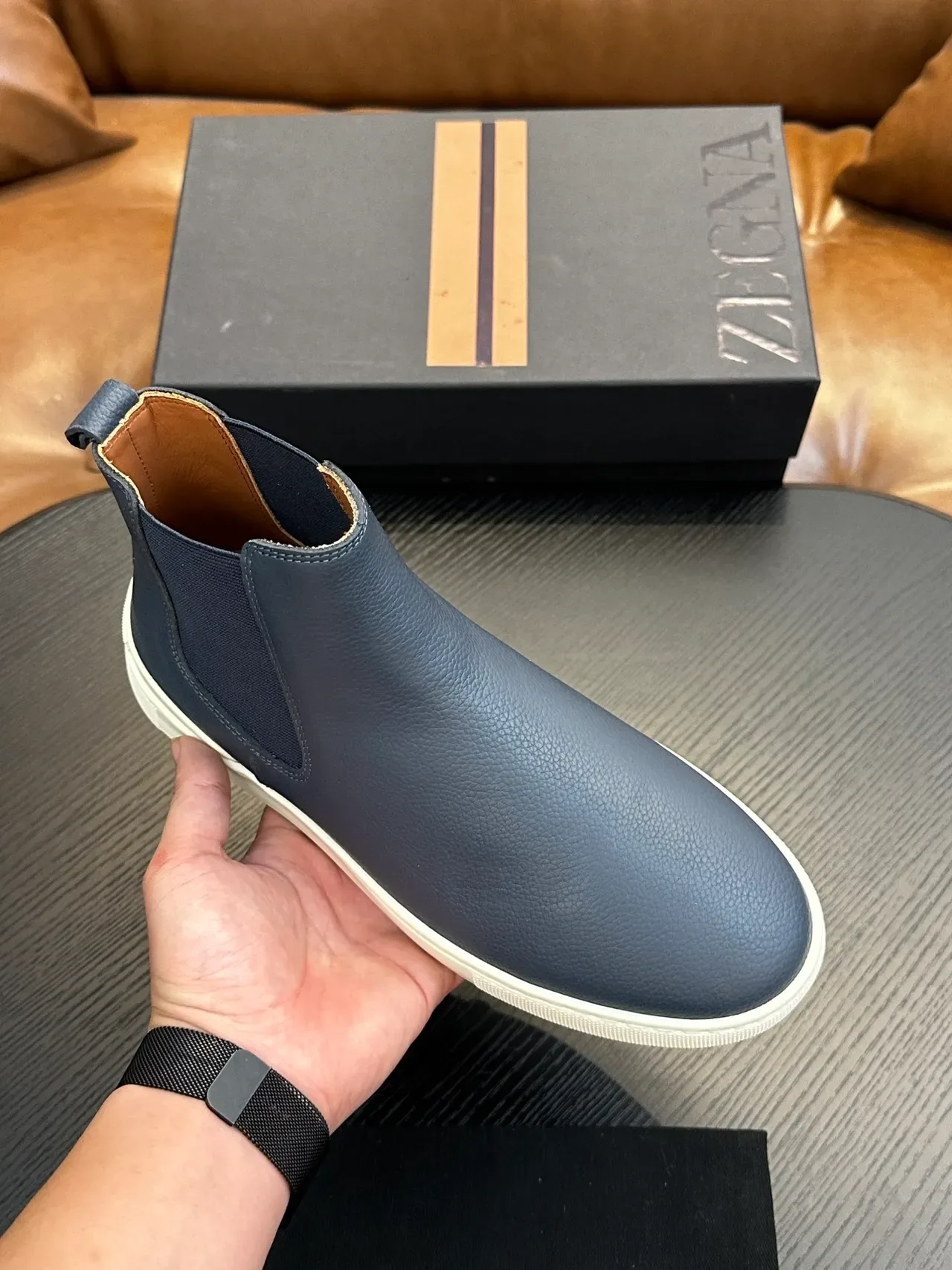 Zegna Blue White Textured Leather Upper Navy Elastic Side Gusset Chelsea Boots 5