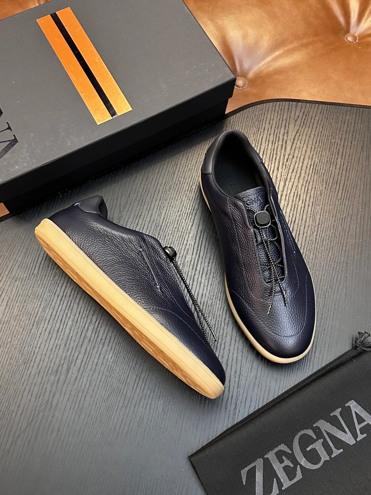 Zegna Loafer काला भूरा पेब्ल्ड लेदर साइड जिपर क्लोजर Loafer 5