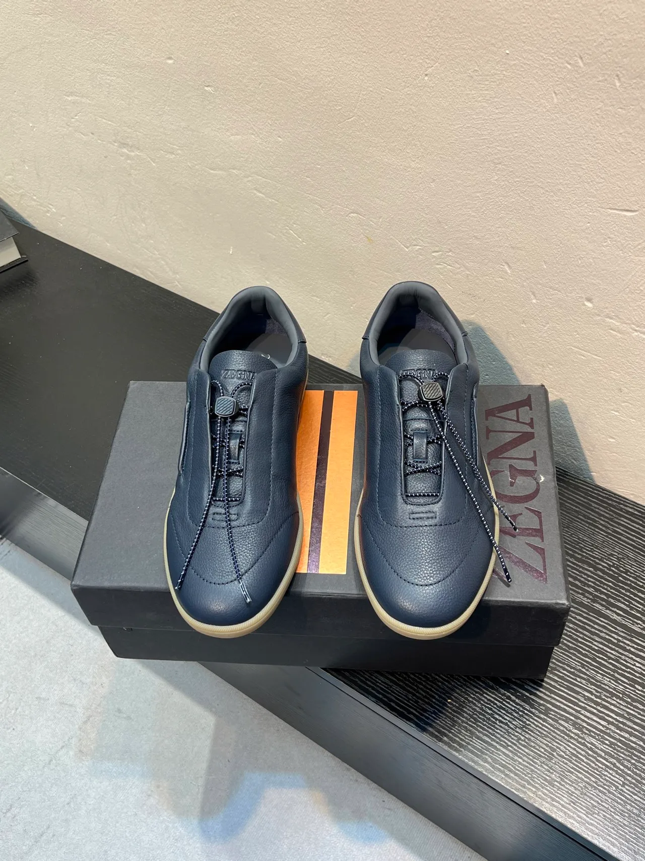 Zegna Navy جلدي सلايب أون لوفر 2