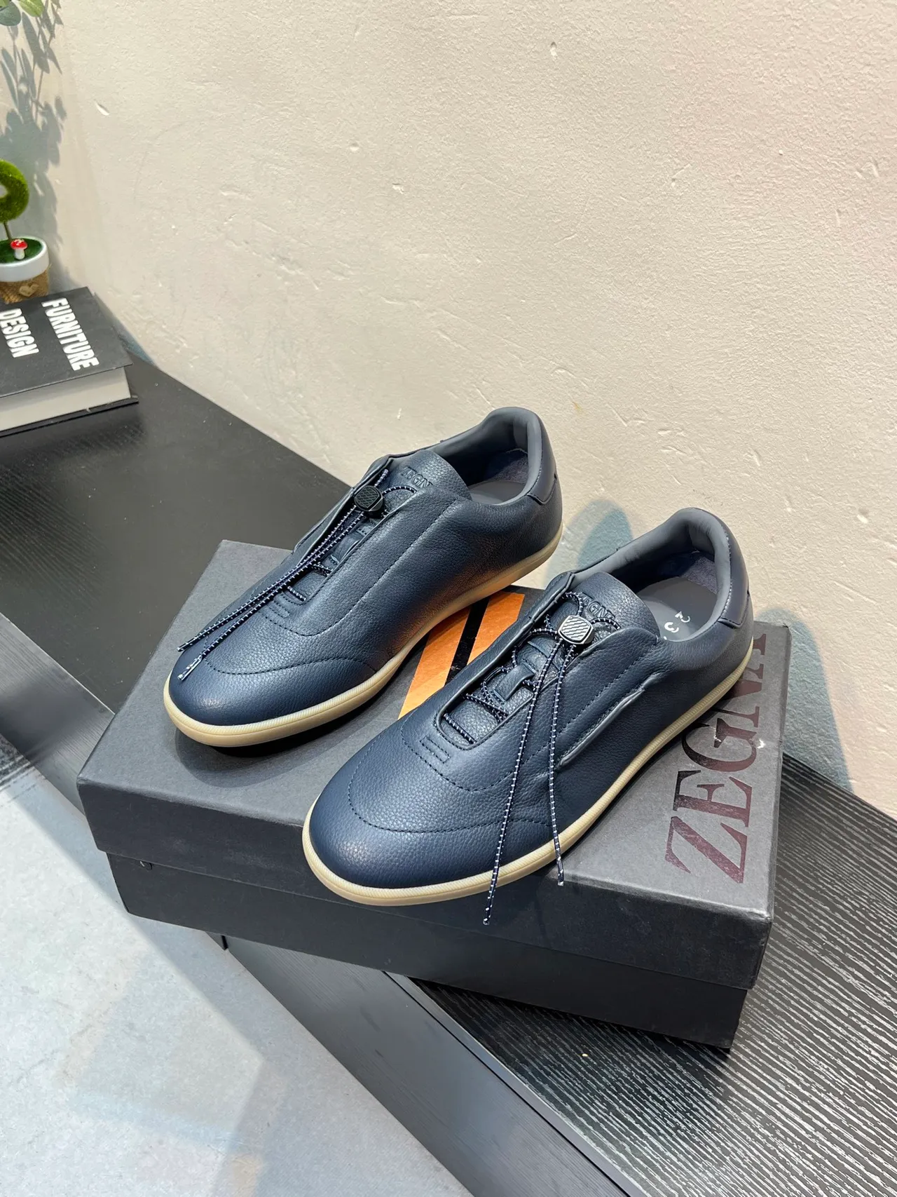 Zegna Navy جلدي सلايب أون لوفر 3