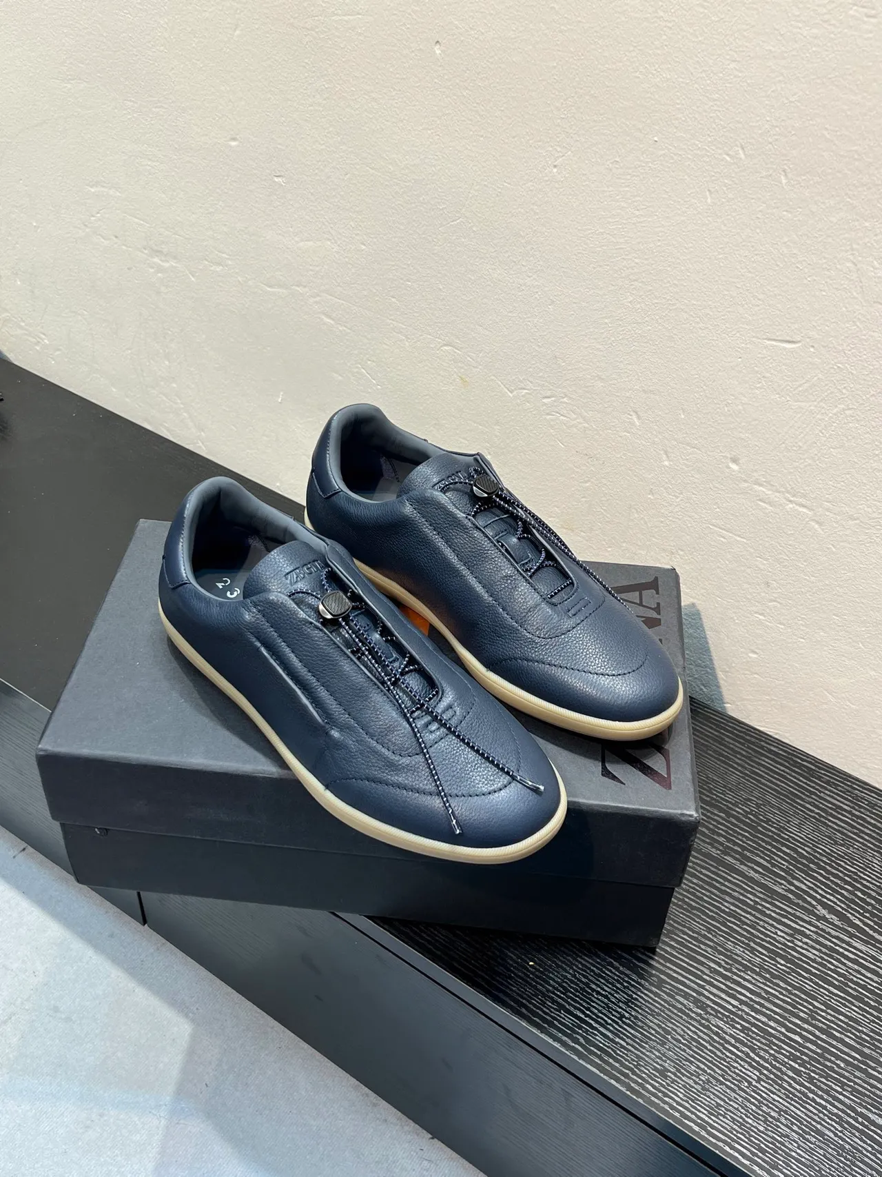 Zegna Navy جلدي सلايب أون لوفر 5