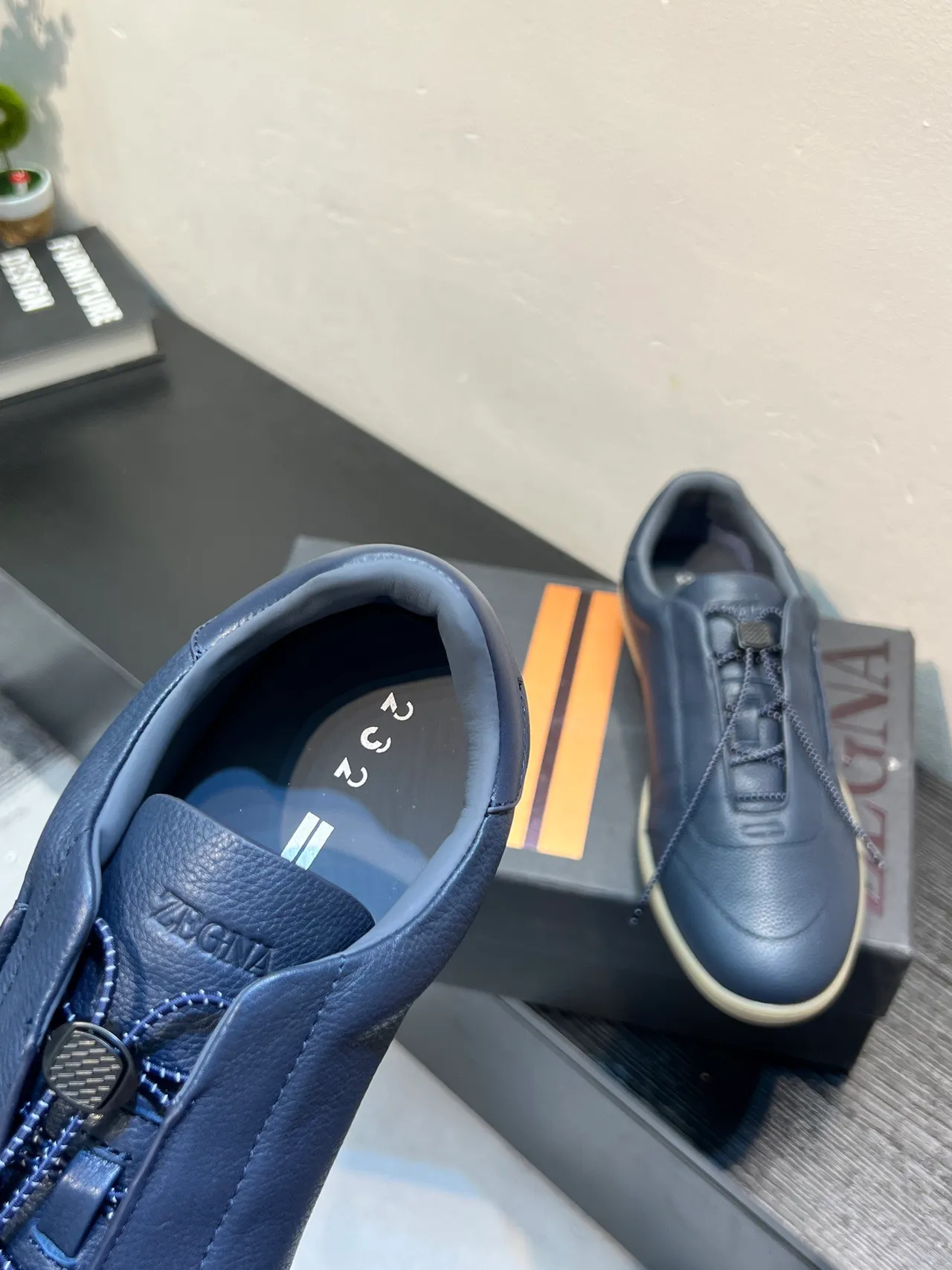 Zegna Navy جلدي सلايب أون لوفر 7