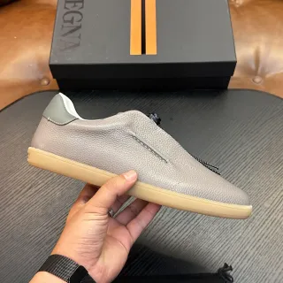 Zegna Slip-On Pebbled Leather Gray Gum Sole Casual Shoes