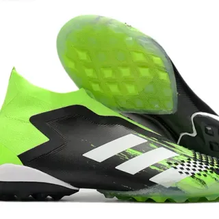 Adidas Sapatos de futebol sintéticos para gramado pretos e verdes com gola de malha assimétrica jaula