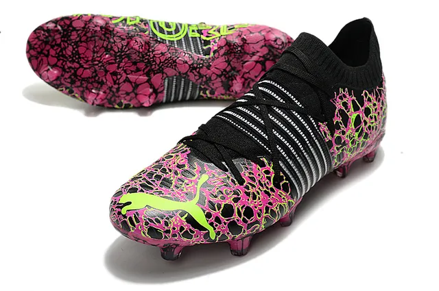 Adidas Black Pink Crackle-Pattern Overlay Neon Lime Green Accents Firm-Ground Soccer Shoes 23